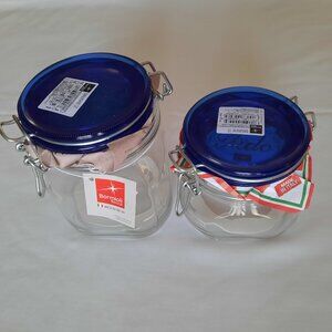 Bormioli Rocco Clear Glass & Blue Glass Lid Hermetic Jar Made in Italy Set of 2